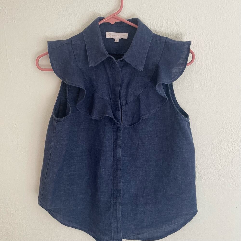 Women’s Corey Lynn Calter Blue Linen Button up Sleeveless Top with Ruffles.Small - Picture 2 of 8